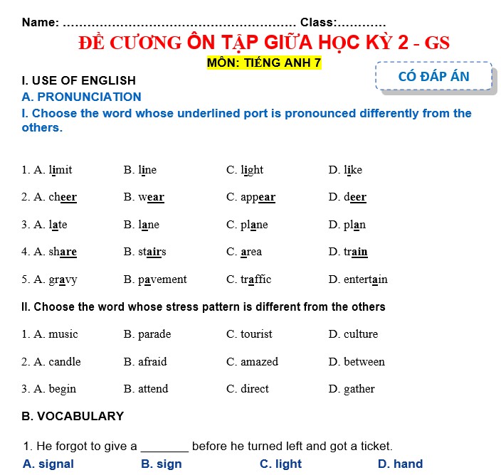 Đề cương ôn tập giữa học kỳ 2 Tiếng anh 7 Global Success có đáp án
